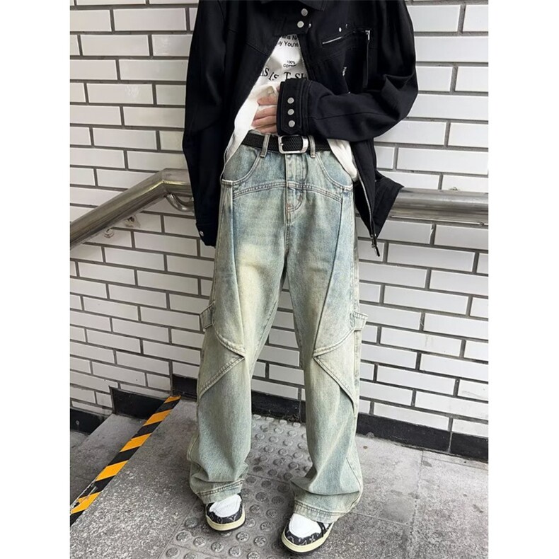 泥黄色工装牛仔裤男春秋季美式高街阔腿裤设计感潮牌宽松直筒裤子,男装牛仔裤,星座813-2