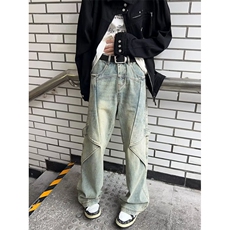 泥黄色工装牛仔裤男春秋季美式高街阔腿裤设计感潮牌宽松直筒裤子，男装牛仔裤，星座813-2