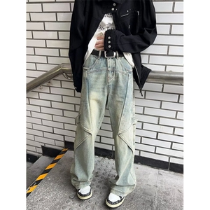 泥黄色工装牛仔裤男春秋季美式高街阔腿裤设计感潮牌宽松直筒裤子图片