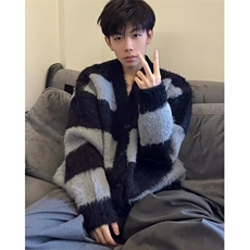 撞色V领开衫毛衣男慵懒风宽松条纹仿水貂绒针织情侣外套MY9179，男装针织衫/毛衣，星座1116A（原606A-3）