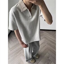 千鸟格拼接polo衫短袖男夏季老钱风复古正肩T恤重磅半袖TXT65，男装T恤，星座516A