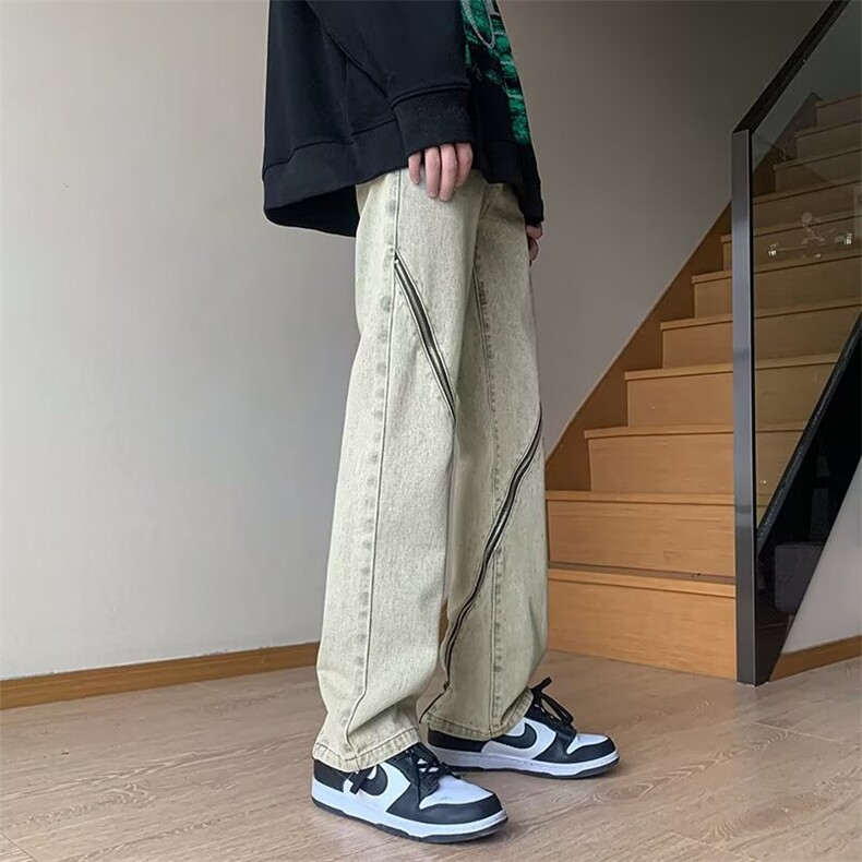 美式黄泥染拉链牛仔裤男裤子小众设计感直筒宽松阔腿裤NZ722/P45,男装牛仔裤,星座506