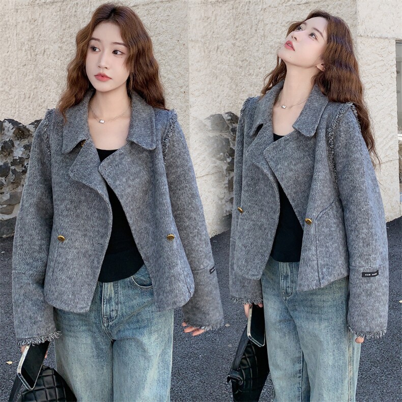 现货主推2025秋冬新款流苏双排扣西装领双面羊毛呢女外套，女装双面呢大衣，丝露依尚（原SL）