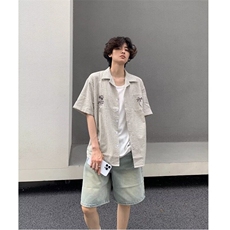 法式条纹短袖衬衫男夏季新款潮流宽松衬衣青少年高街翻领上衣外套，男装衬衫，星座506A