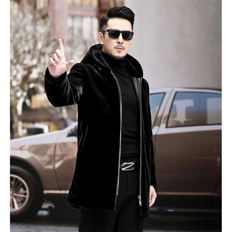 WL1920秋冬新款男士金貂绒大衣中长款连帽风衣仿貂绒P420,男装皮衣,电商B360