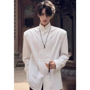 新中式男装风宫廷垫肩衬衫男中山唐装汉服长袖衬衣C0153,灰色外套搭配条纹打底不图片