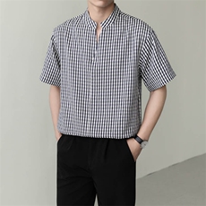 夏男立领格子衬衫男休闲宽松休闲衬衣轻熟风A236-82560-P60，男装衬衫，电商A236