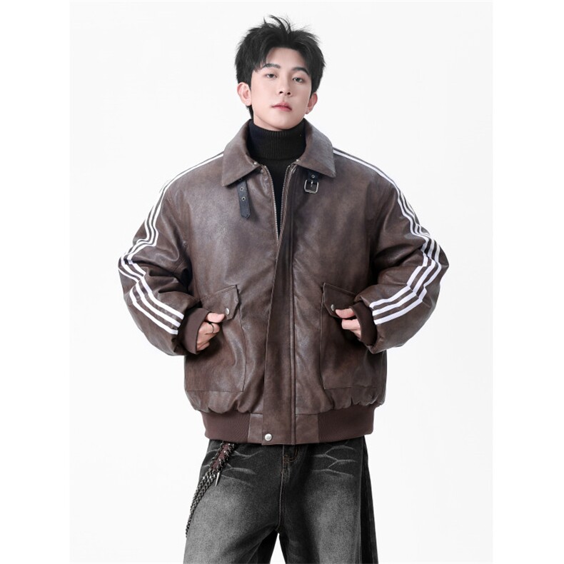 自拍无影墙男模品质pu皮保暖三条杠棉衣KD188-P145,男装皮衣,电商A466