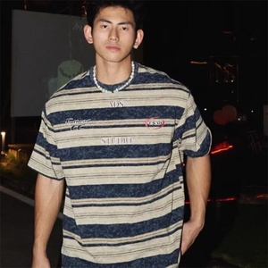 美式复古条纹拼色短袖T恤男女2025夏季新款宽松潮牌情侣半袖上衣图片