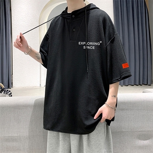 LD54244-P45 连帽短袖t恤男大码胖子带帽五分袖中袖图片