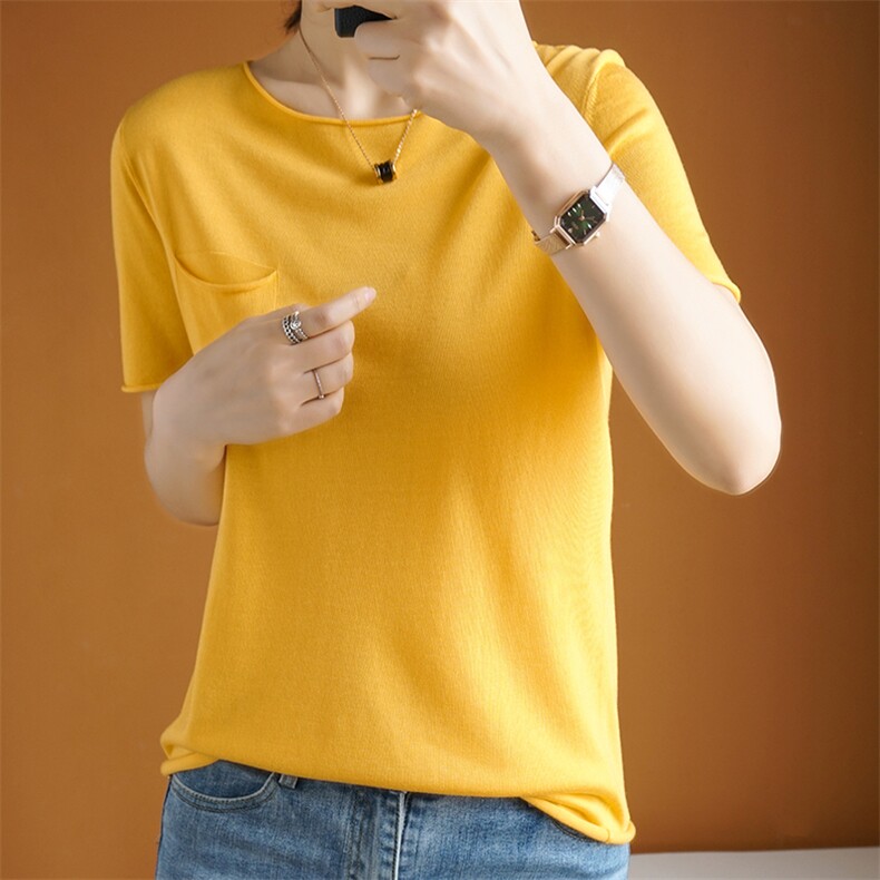 2025年秋季时尚百搭通勤简约休闲卷边短袖，女装T恤，朝思羊绒