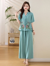 时尚休闲天丝麻套装裤女夏2025新款高级感刺绣工艺减龄气质两件套，女装套装/套裙，魅影
