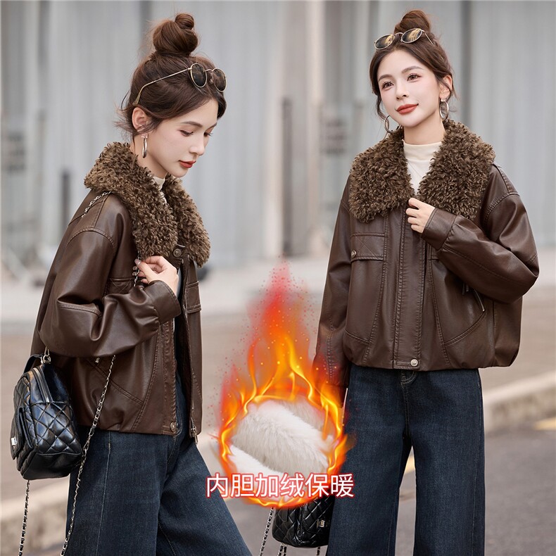 羊羔毛领加绒皮衣短外套女2025秋冬新款保暖时尚酷飒PU皮夹克上衣,女装皮衣,梦依缘