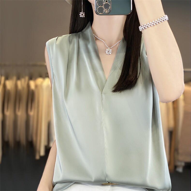 25新春夏无袖衬衣内搭上衣高端气质醋酸缎面仿真丝吊带背心女V领,女装背心吊带,朝贺羊绒
