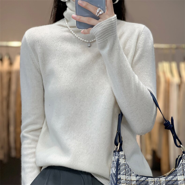 秋冬新款半高领精纺羊毛衫女短款宽松套头针织毛衣显瘦纯色打底衫图片
