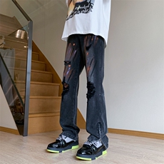 B221美式ins嘻哈色彩涂鸦小众拉链破洞牛仔裤LK23085-P65控88，男装牛仔裤，电商B221