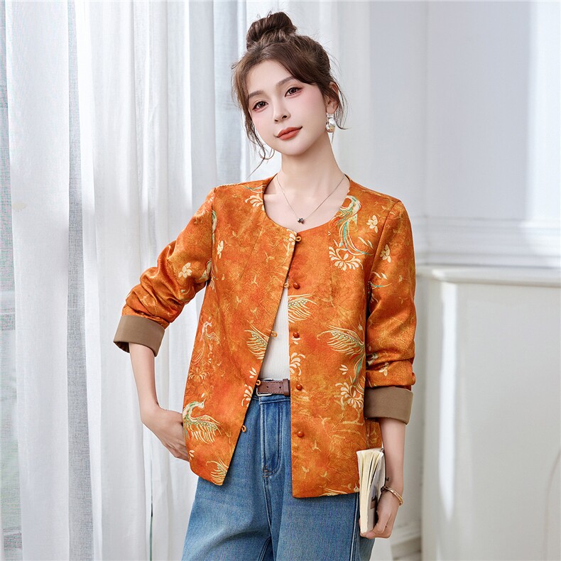 新中式凤纹印花圆领风外套601P125,女装短外套,乐衣轩