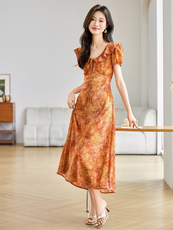 现货！夏装新款2025气质时尚优雅花边圆领修身显瘦系带印花连衣裙，女装连衣裙，涵墨