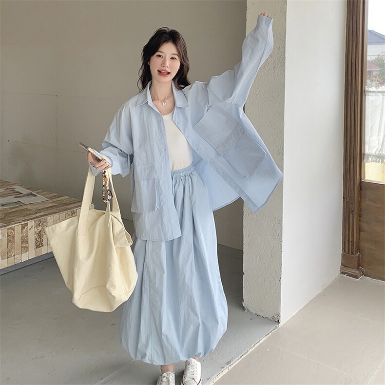 蓝色休闲小众不撞款套装女夏季2025新款气质长袖衬衫半身裙两件套,女装套装/套裙,2C108