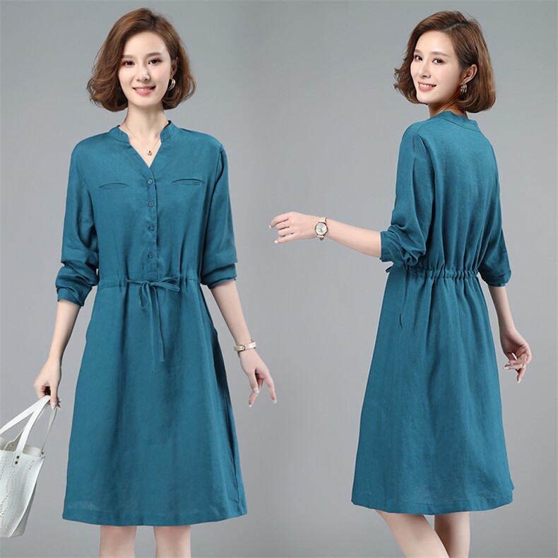 2021春季新款时尚气质小V领舒适休闲中长款连衣裙，女装连衣裙，小林双子