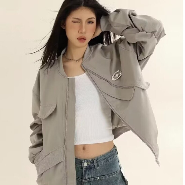 港风复古铁标设计感外套女秋季新款飞行服夹克棒球服工装情侣上衣,女装风衣,星座218-8