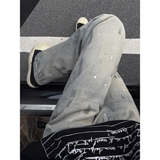 B221高品质美式ins高街暗黑宽松喷墨牛仔裤LK25472-特P45控78，男装牛仔裤，电商B221