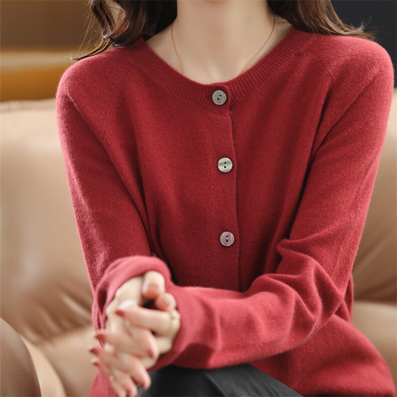 百搭圆领纯羊毛开衫春秋毛衣外套女插肩袖外搭修身羊绒衫针织上衣,女装羊毛衫,绒汀羊绒