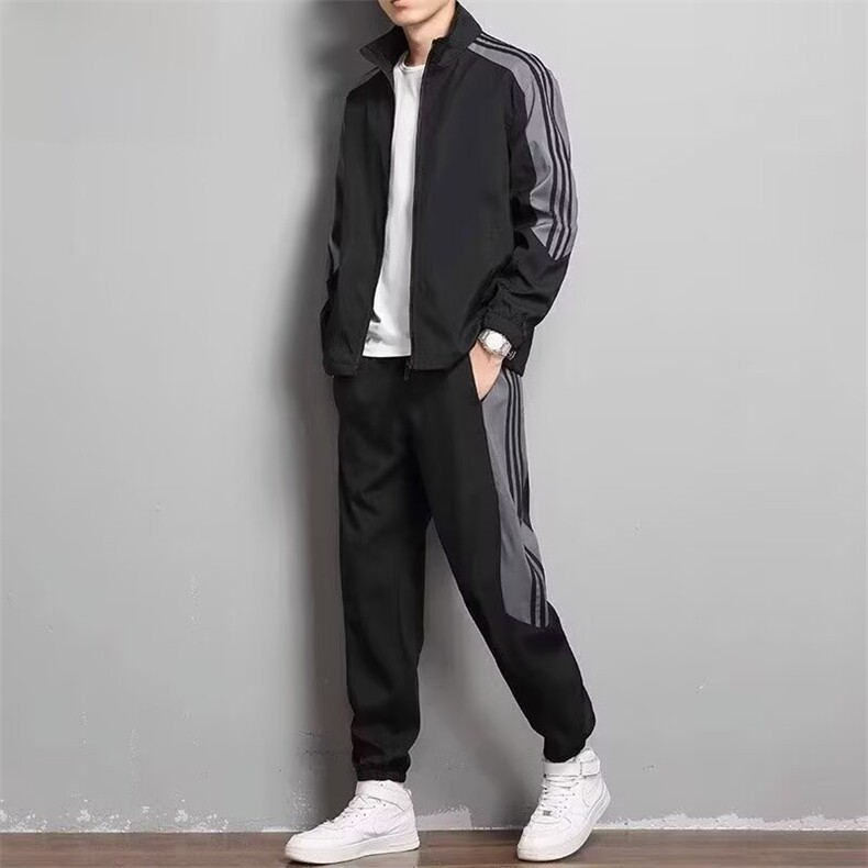 男士运动装新款长袖休闲百搭透气两件套运动开衫印花拼色套装男图片