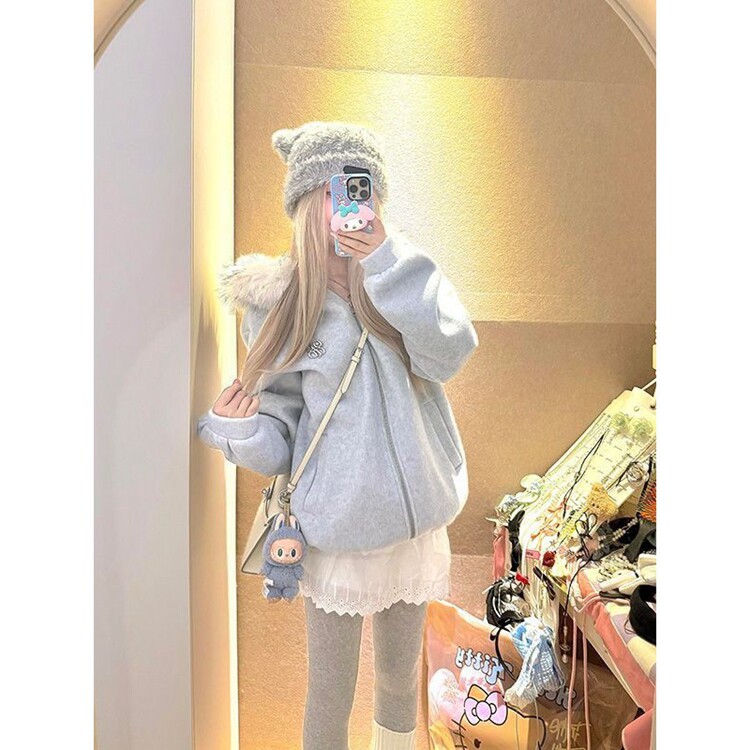 甜美学院慵懒风蓬松毛领连帽开衫卫衣女秋冬新款时尚简约百搭外套,女装短外套,星座218-8