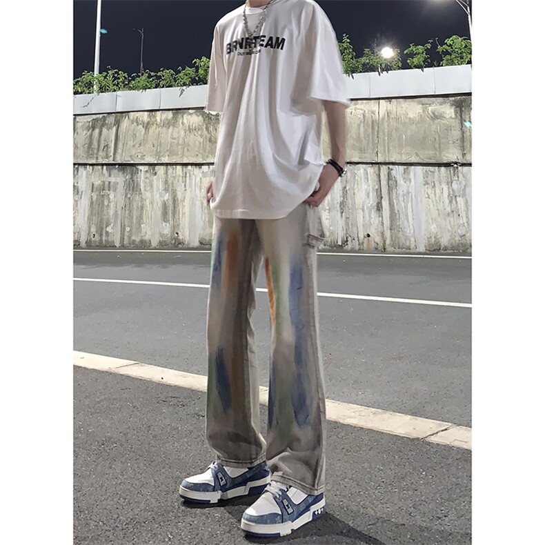 新款美式高街大码破洞涂鸦黄泥色牛仔工装裤货号K641P60,男装牛仔裤,电商A063