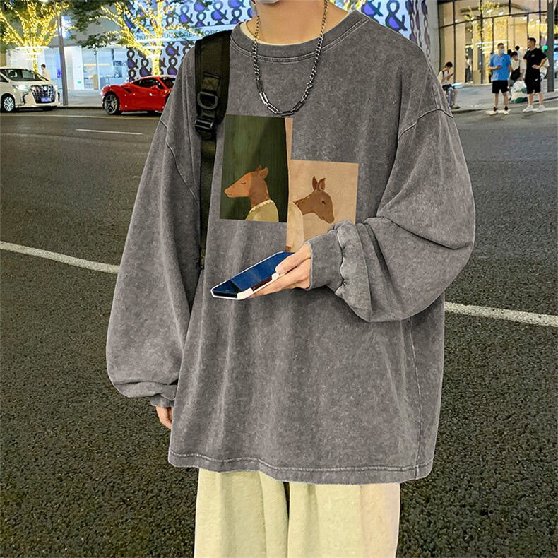 直播品质重磅纯棉美式蜡染水洗做旧潮牌宽松长袖t恤CT298特P38,男装T恤,电商A486