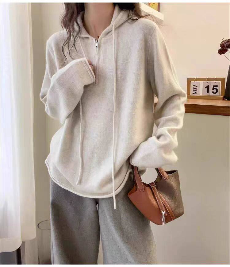 2025年秋季新款女士百搭卷边针织连帽衫，女装针织衫/毛衣，恒恩羊绒