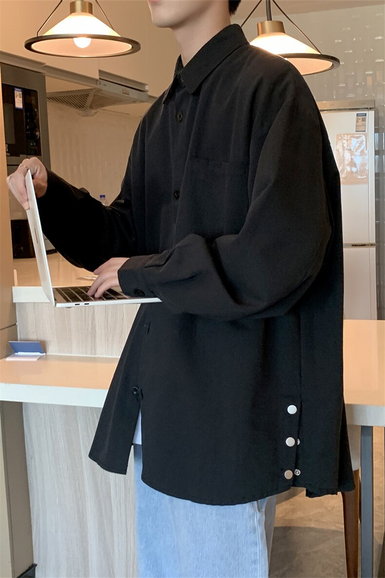 秋季ins港风纯色基础款排扣开叉长袖衬衫慵懒休闲衬衣W1783-P34,男装衬衫,星座512-4