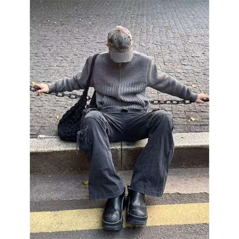 美式高领拉链开衫毛衣外套潮男秋冬厚实潮流立领毛线针织衫情侣款图片