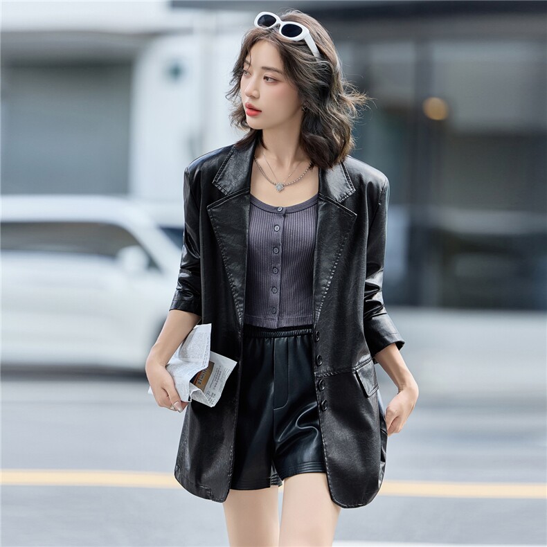 酷飒气质西装领皮衣外套女2025秋季新款宽松显瘦高级感皮夹克大衣,女装皮衣,简古