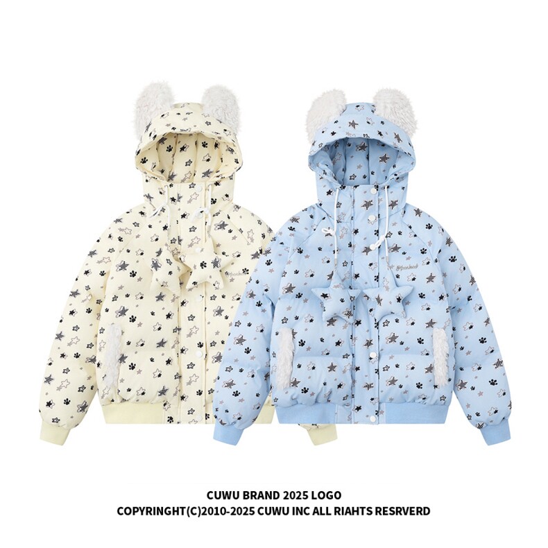1506A/G78260/P94美式复古满印星星毛绒熊耳朵连帽棉服图片