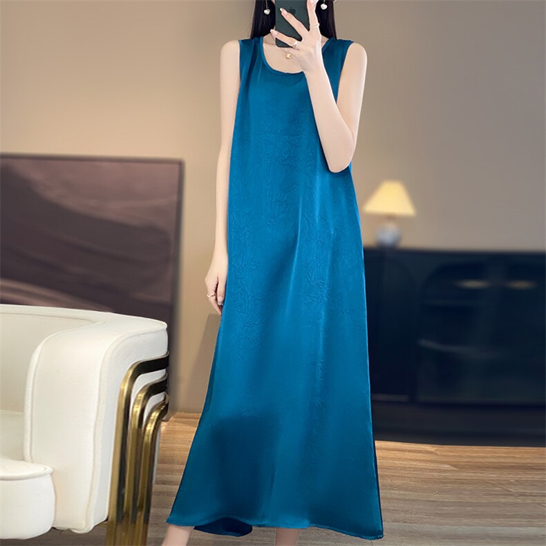 连衣裙女夏季2025新款宽松大码仿桑蚕丝无袖中长款背心吊带裙子,女装连衣裙,佳绒高端店