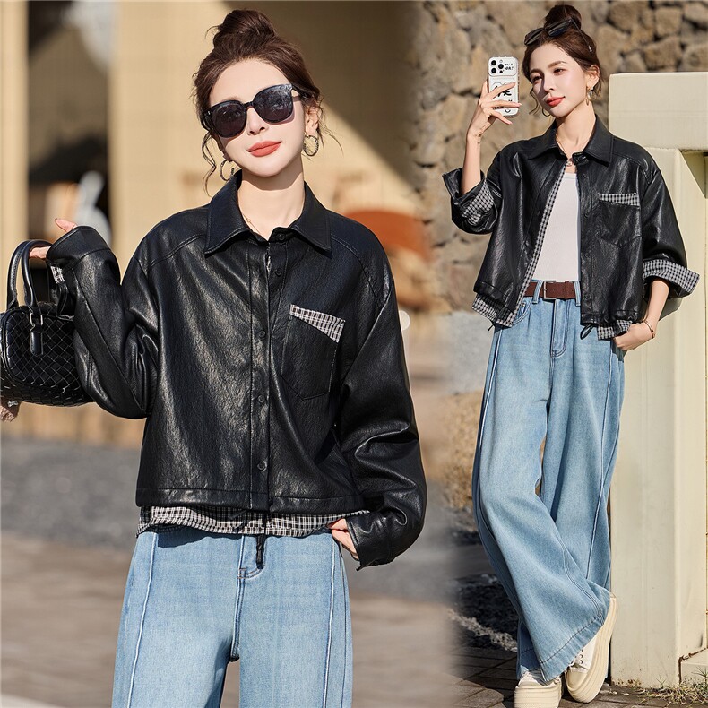 已出货春装新品假两件皮衣外套女新款高档时尚设计感百搭机车服,女装皮衣,吾爱衣