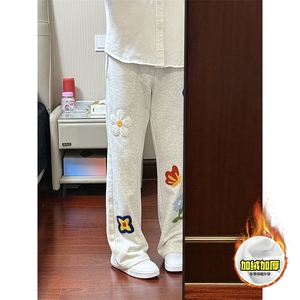 抖音得物高品质秋冬季重磅花卉刺绣潮流运动宽松加绒直筒休闲卫裤图片