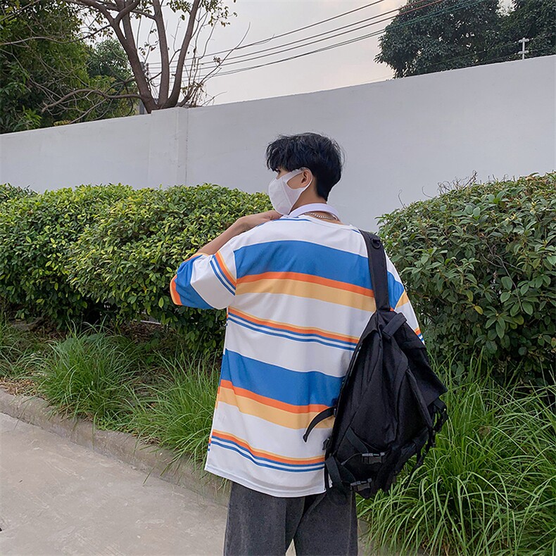 2024夏季新潮ins条纹中性风圆领男宽松透气短袖T恤,男装T恤,电商A161-2