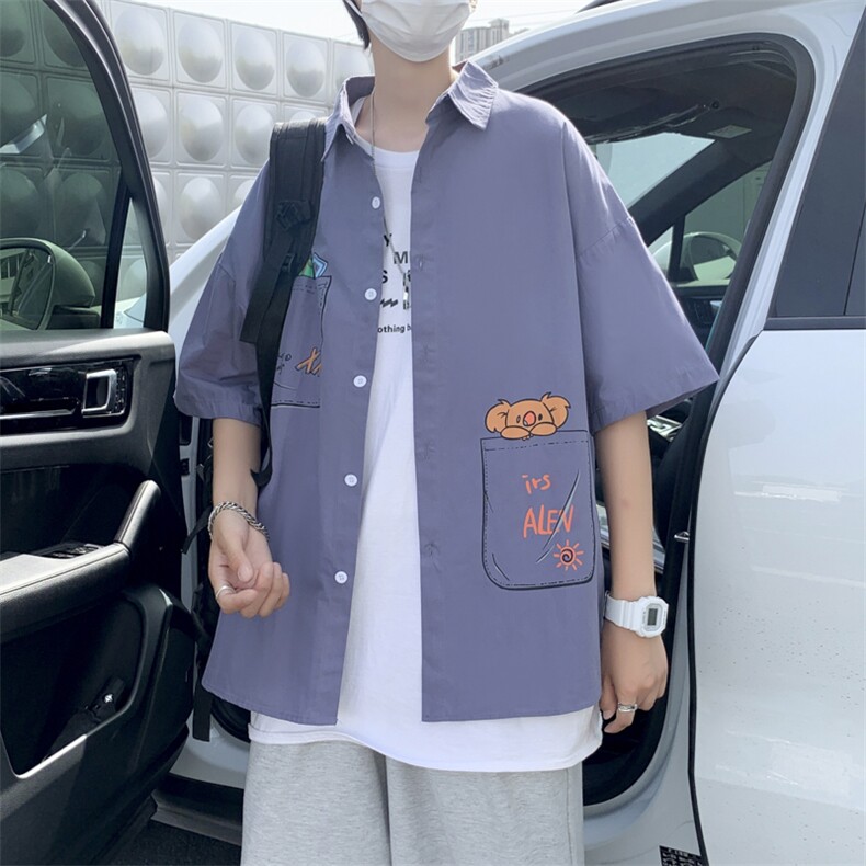 新款韩版时尚宽松百搭口袋涂鸦青少年夏短袖衬衫男衬衣W841-P32,男装衬衫,星座512-2