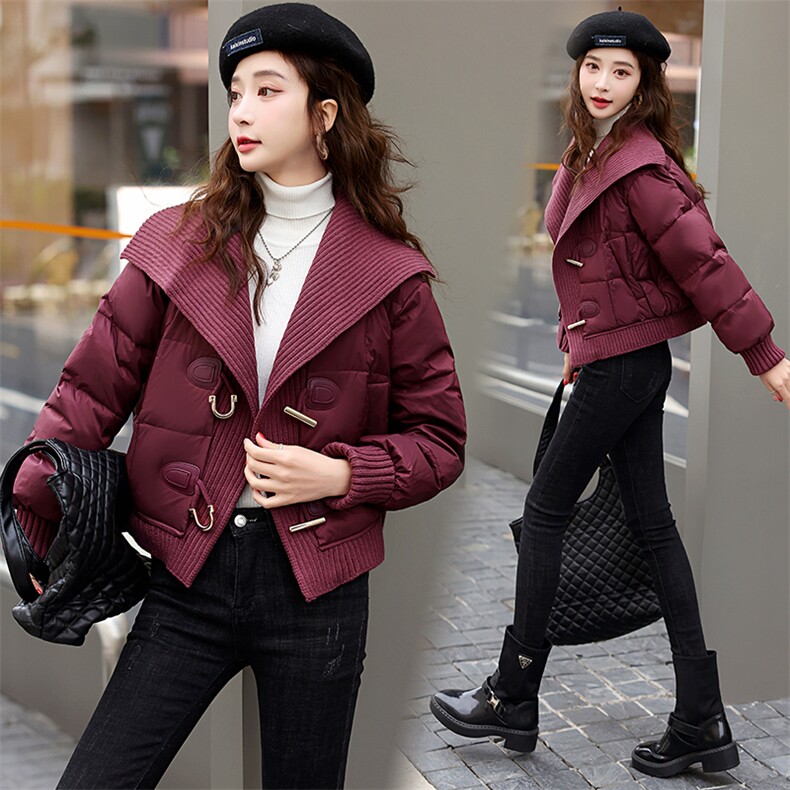 拼接针织大翻领简约复古保暖棉衣短外套，女装棉衣/棉服，歌伊格美