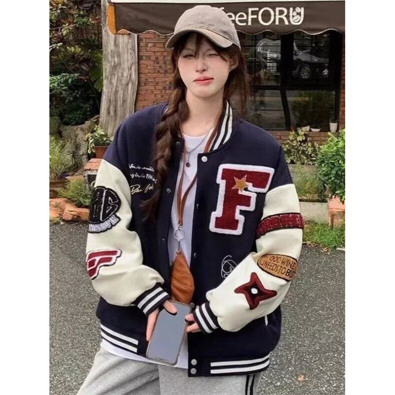 W10313-P65 网图现货 美式复古棒球服外套宽松大码刺绣休闲夹克潮图片