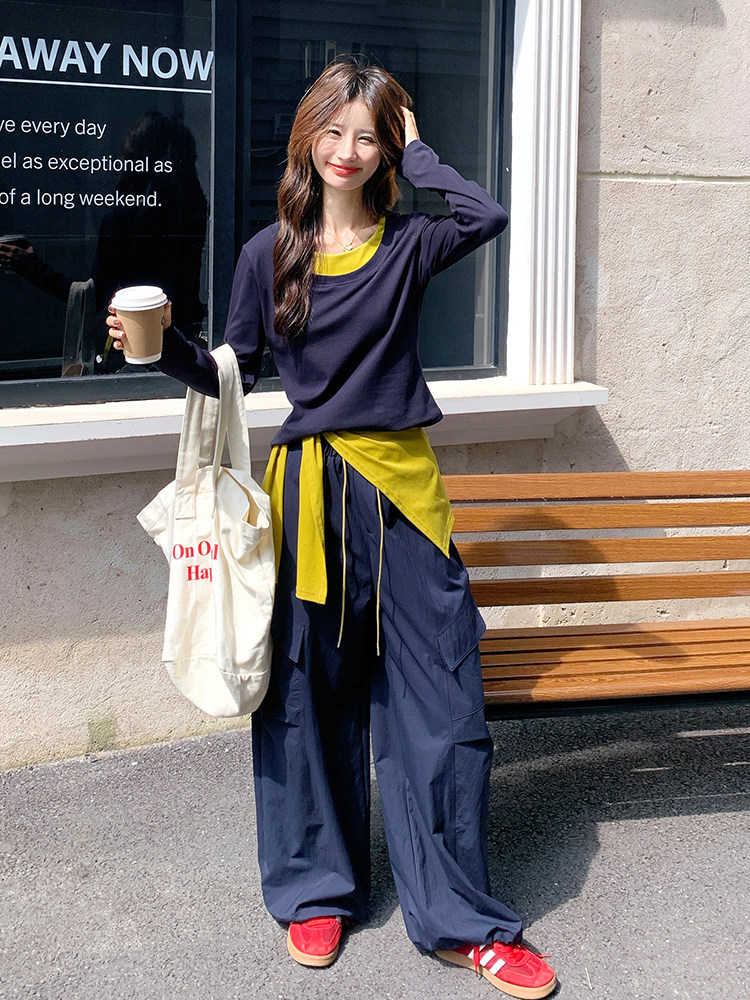 慵懒风穿搭套装女2025秋季新款又酷又飒炸街上衣工装阔腿裤两件套,女装套装/套裙,2D034