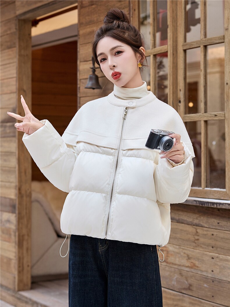 设计感气质毛呢拼接羽绒服女2025冬季新款短款外套减龄,女装羽绒服,玖莱伊