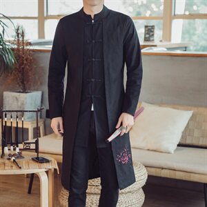 W201 *中国风男士中长风衣棉麻盘扣复古国潮外套 松鹤* P85图片