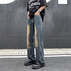 牛仔裤男夏季欧美高街复古微喇潮牌直筒宽松痞帅阔腿裤子，男装牛仔裤，星座1013