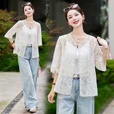 夏季2025新款薄款长袖蕾丝雪纺防晒衬衫新中式复古刺绣盘扣上衣女，女装防晒衣，妙形