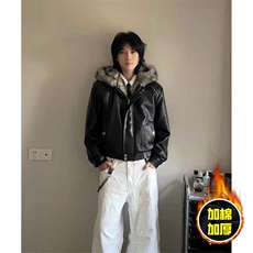 现货冬季美式潮牌痞帅PU皮机车服棉衣毛毛绒狼王座山雕皮棉服，男装棉衣，电商A443