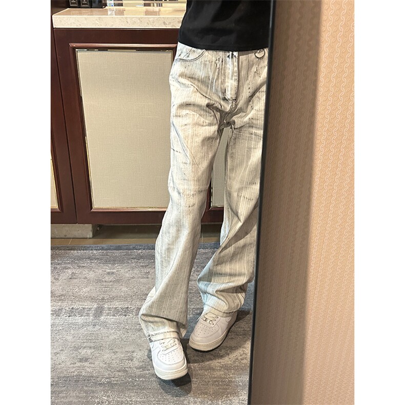 【有货】N1013LL-特P50水墨做旧牛仔裤男白色微喇脏脏裤子,男装牛仔裤,星座1007（原301D）